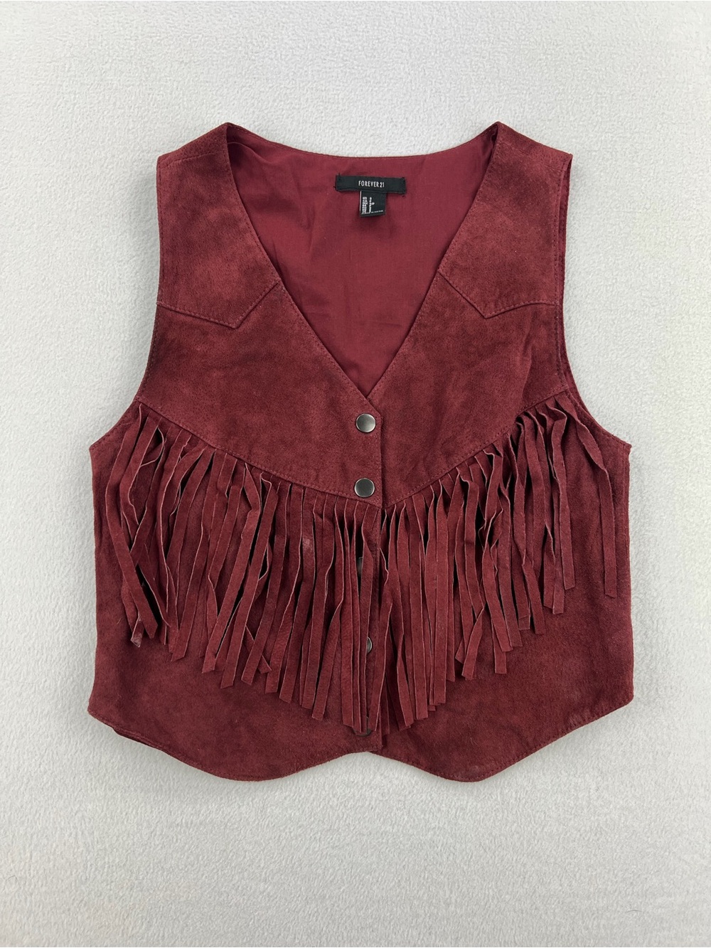 Forever 21 Womens Vintage Inspired Burgundy Genuine Leather Fringe Vest Sz S